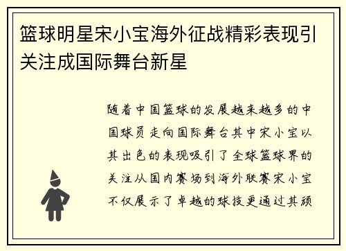 篮球明星宋小宝海外征战精彩表现引关注成国际舞台新星